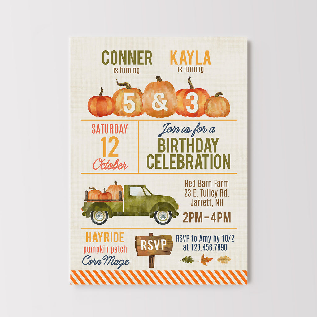 fall farm double birthday invitation with pumpkin, vintage truck & leaf graphics