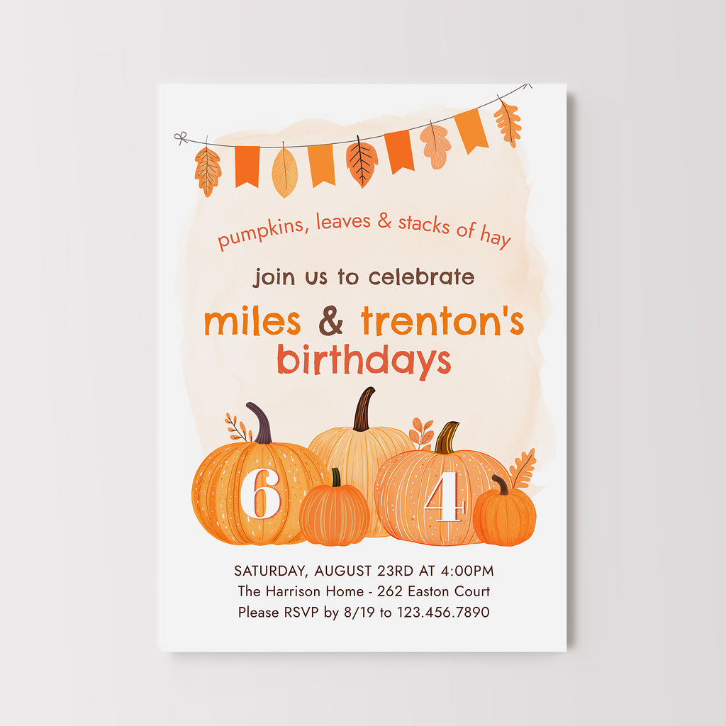 Fall birthday invitation card with pumpkins a banner of leaves. 