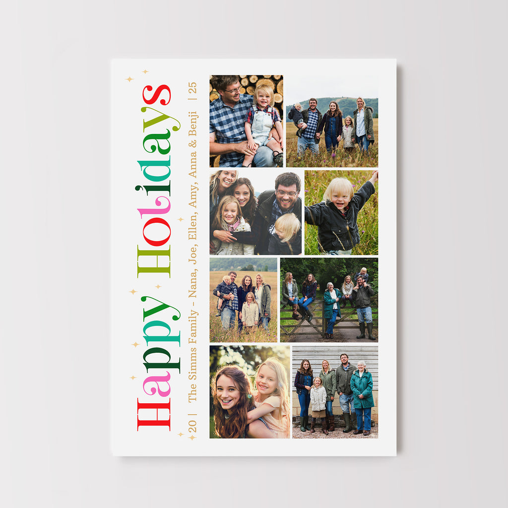 holiday photo card template with 8 photos on a white background with rainbow "happy holidays" text