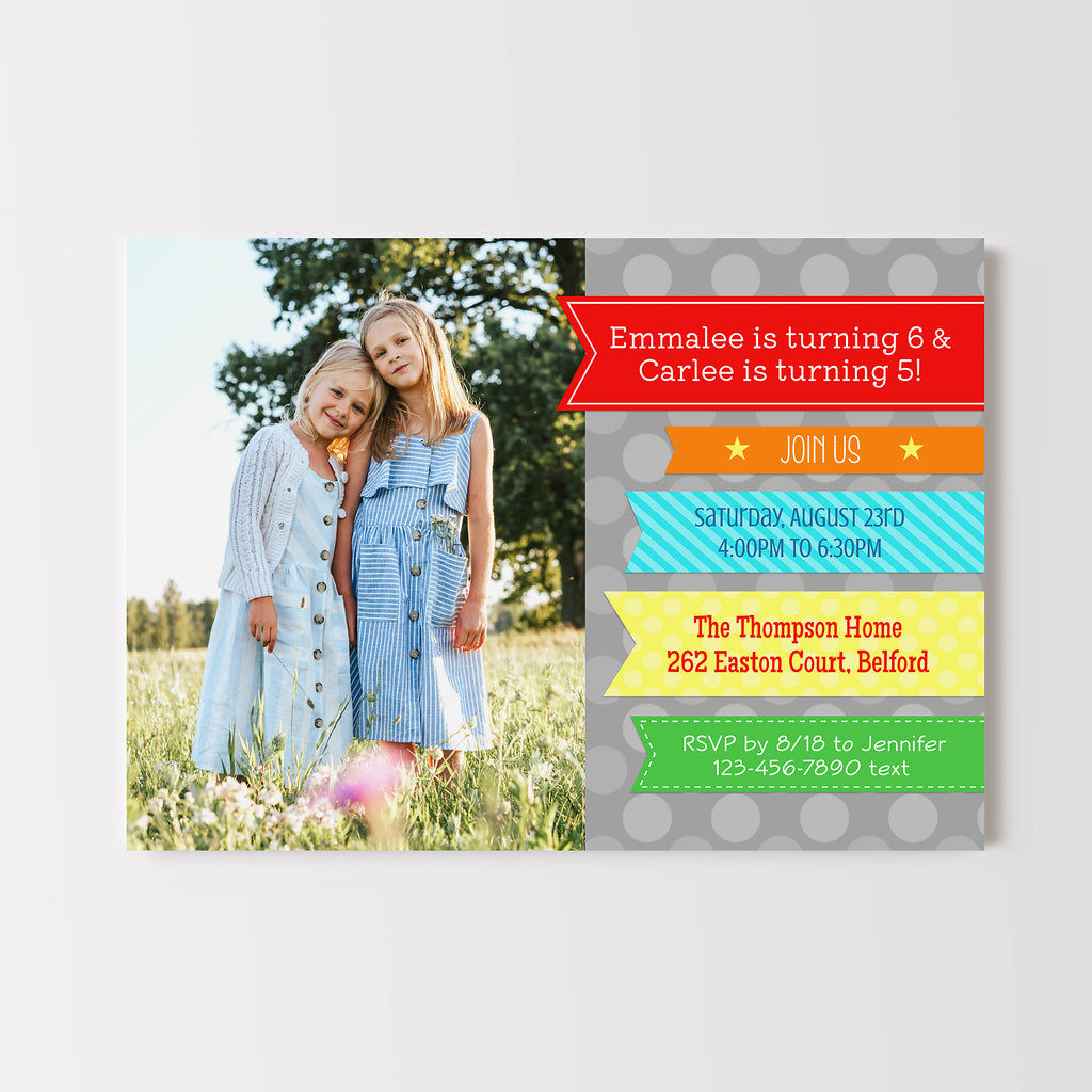 Invitation card with colorful ribbons to display party details. 