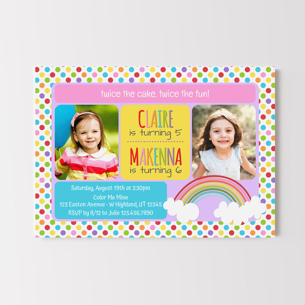 Colorful birthday invitation card with two photos of children and text details.