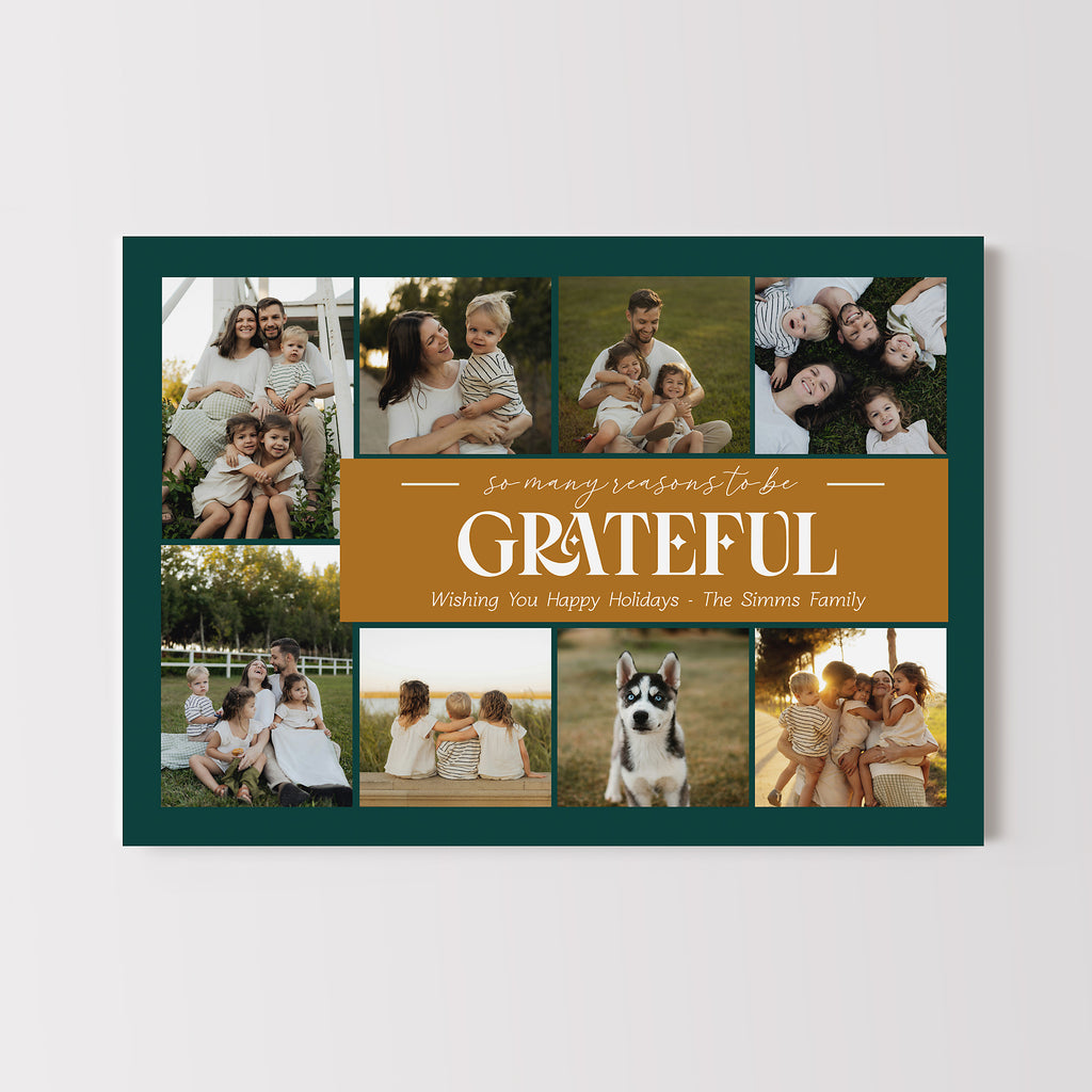 Holiday card template in a horizontal orientation with a collage of 8 photos, a dark blue border and gold text box. 