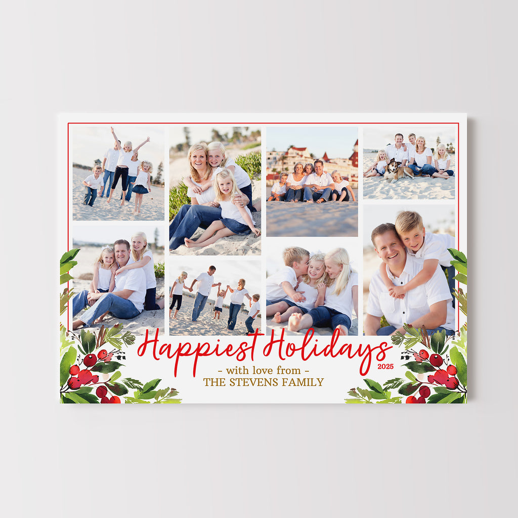 christmas photo card template with 8 photos on a white background, red text and red and green holly graphics in the lower corners
