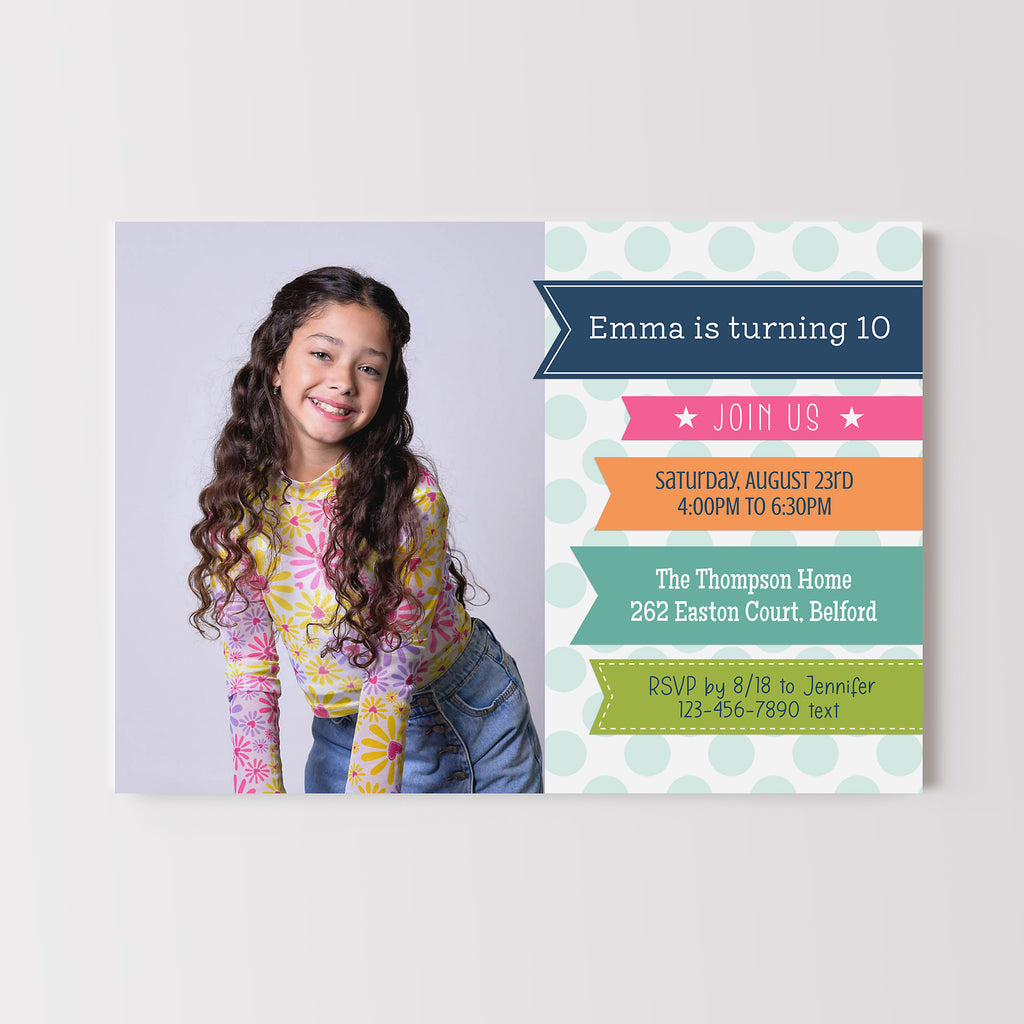 Girls birthday invitation with a single photo on left and on right colorful ribbons to display party details.