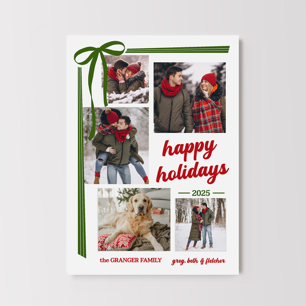 Holiday card with family photos and 'Happy Holidays' text on a white background, green ribbon and bow on the corner