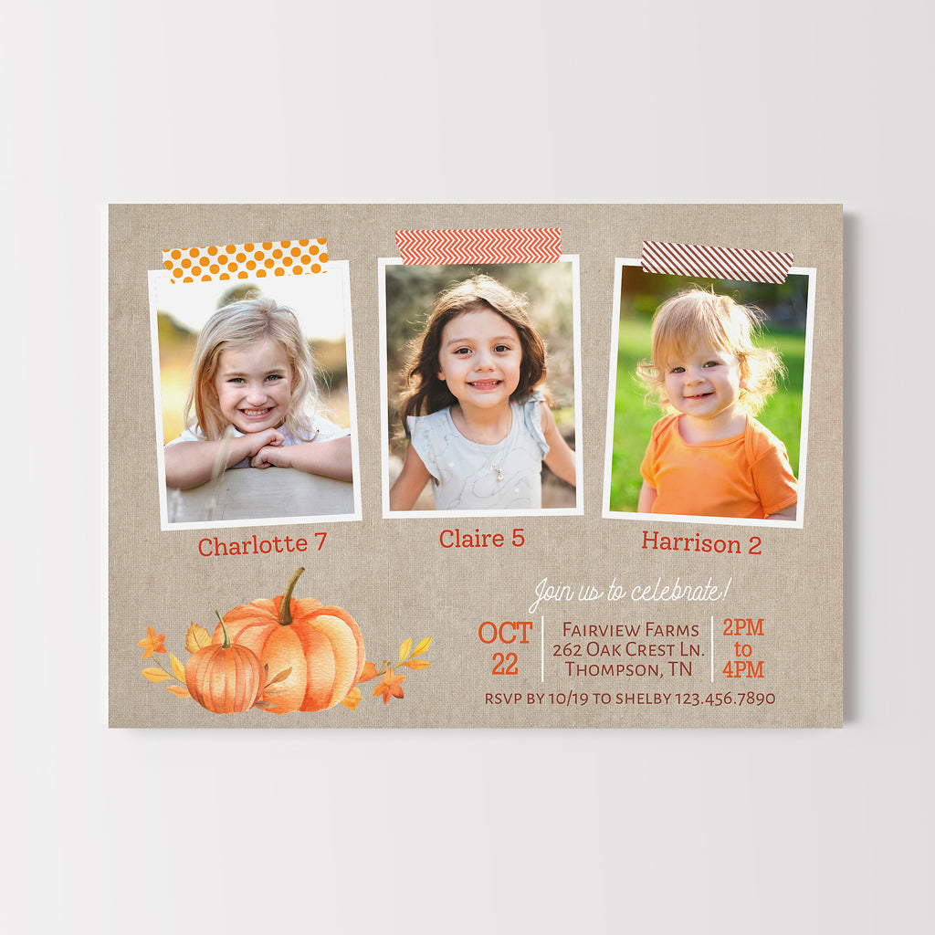 Triple invitation card with children's photos and pumpkin graphics on a beige background