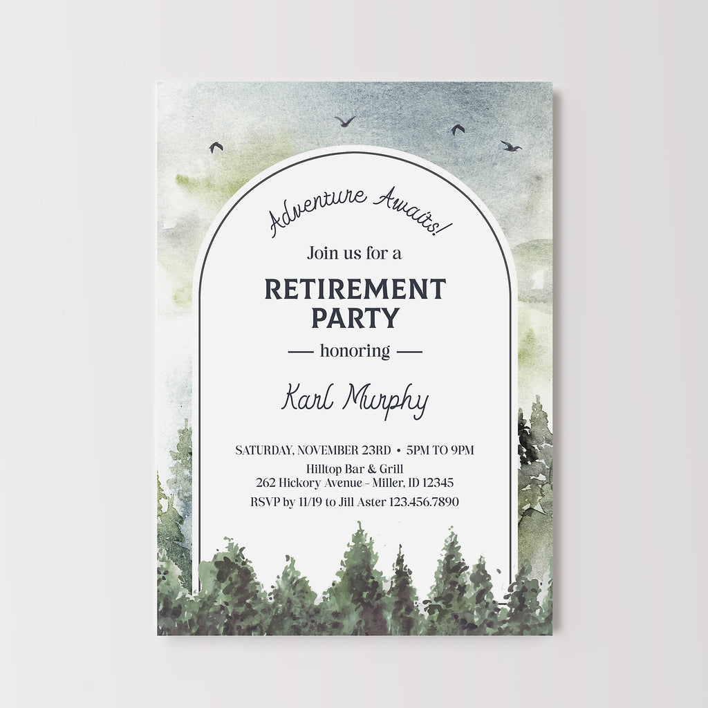 Retirement party invitation with a watercolor scenic background of evergreen trees and sky.