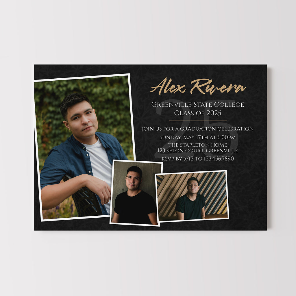 Scrapbook style graduation announcement with 3 photos in cascading style. 
