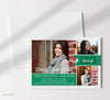 senior celebration graduation announcement in horizontal format with a white background with gray stripes, green accent color and 3 photos