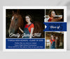senior celebration graduation announcement in horizontal format with a white background with gray stripes, royal blue accent color and 3 photos