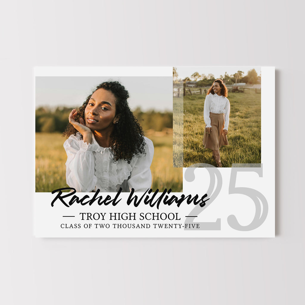 Graduation announcement featuring senior photos on a simple white background with black and gray text. 