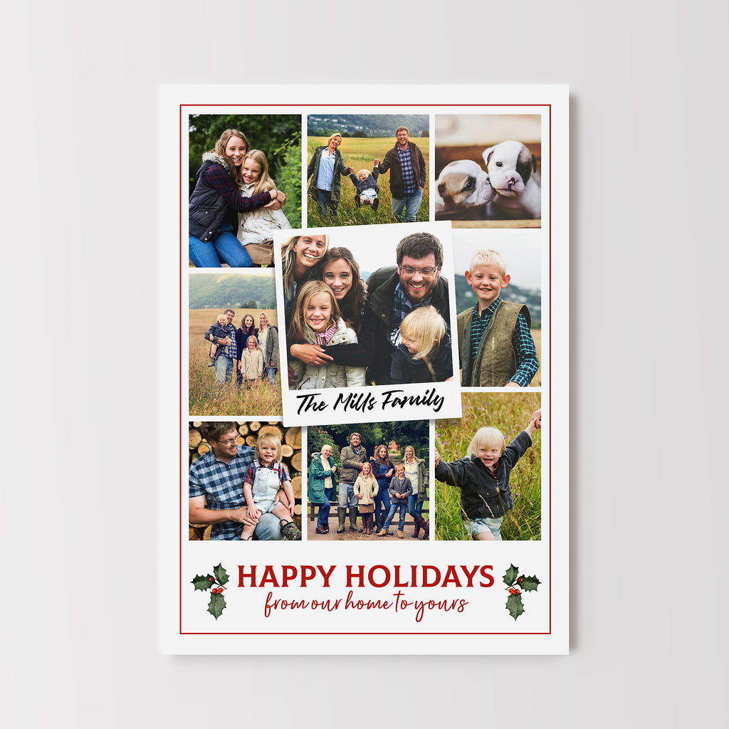 Collage style holiday card with 9 photos on a white background, red text and small holly detail. 