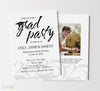 simple graduation party invite with white background, black text in various fonts and a black graduation cap graphic, back side features text and a single photo of the graduate