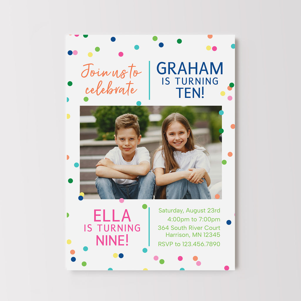 Birthday invitation card with two children and colorful text on a white background