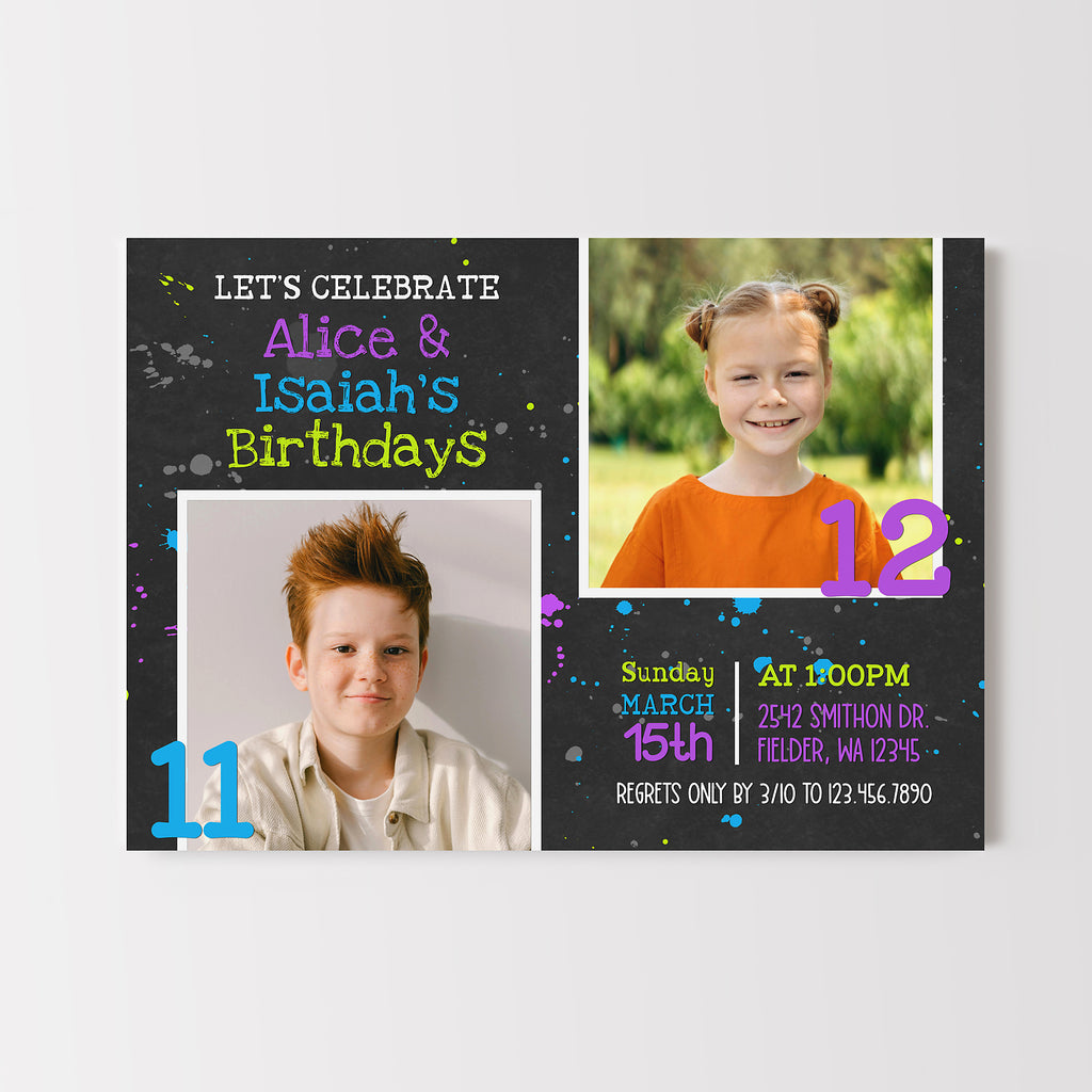 Paint splatter themed joint birthday invitation for 2 kids with photos.