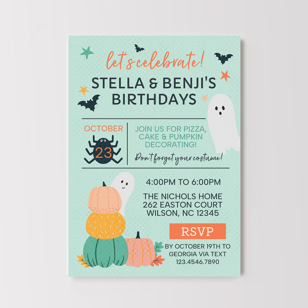 Halloween birthday invitation with pumpkins and ghosts on a light blue background.