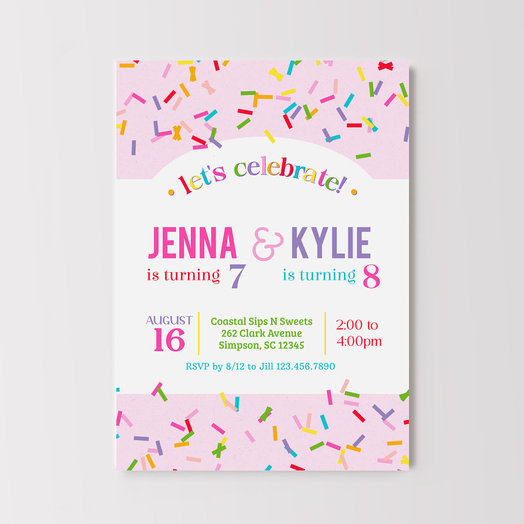 Colorful double birthday invitation for 2 girls with a light pink background and rainbow colored sprinkles and text. 