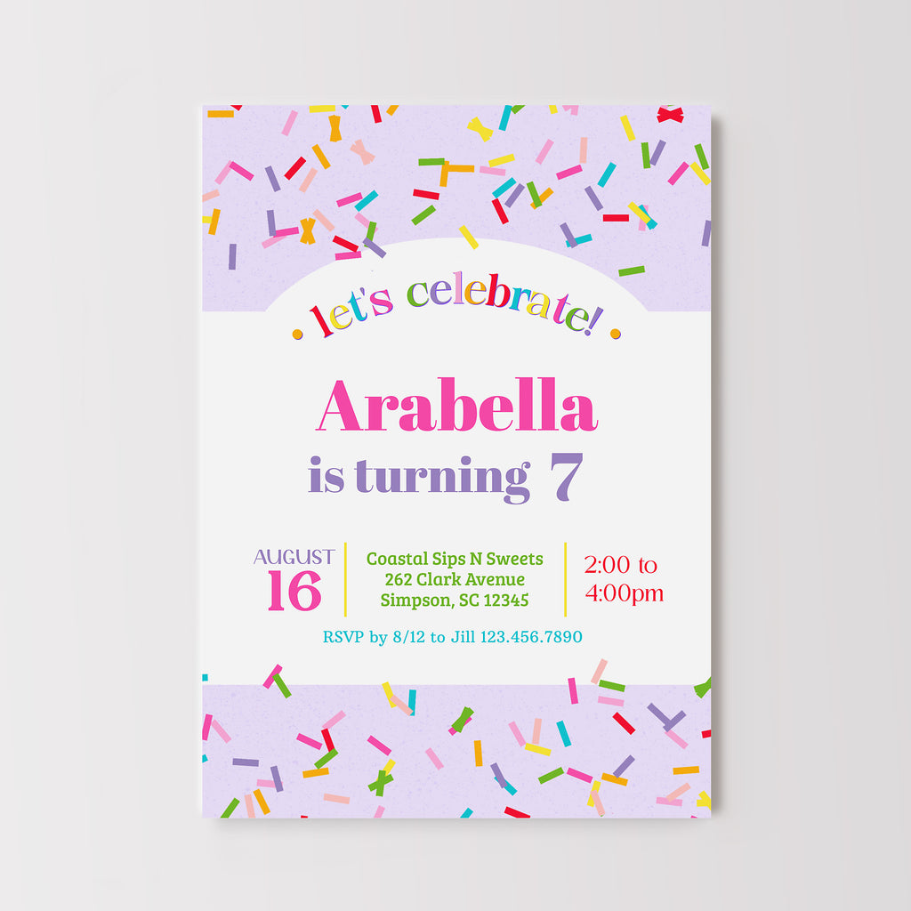 Birthday invitation card with colorful sprinkles and text on a light purple background