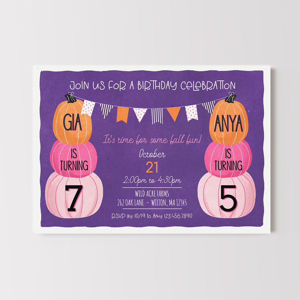 Joint birthday invitation with stacked pumpkins and colorful text on a purple background