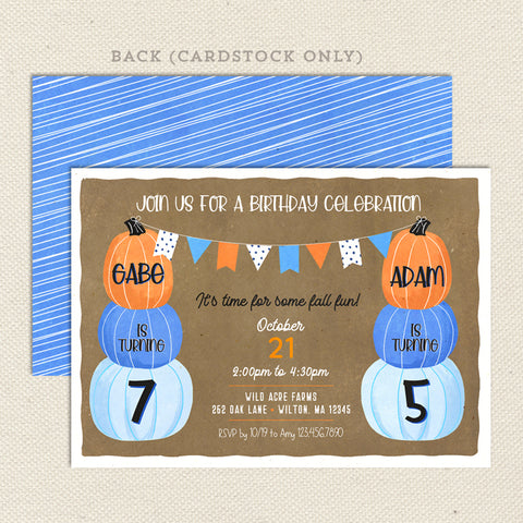 stacked pumpkins fall two child birthday invitation boy brown