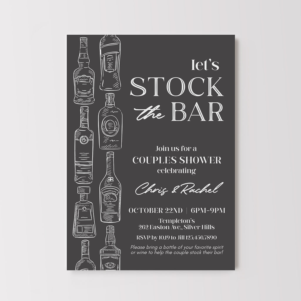 stock the bar themed party invitation with a dark gray background, white text and white line drawn alcohol or spirit bottles