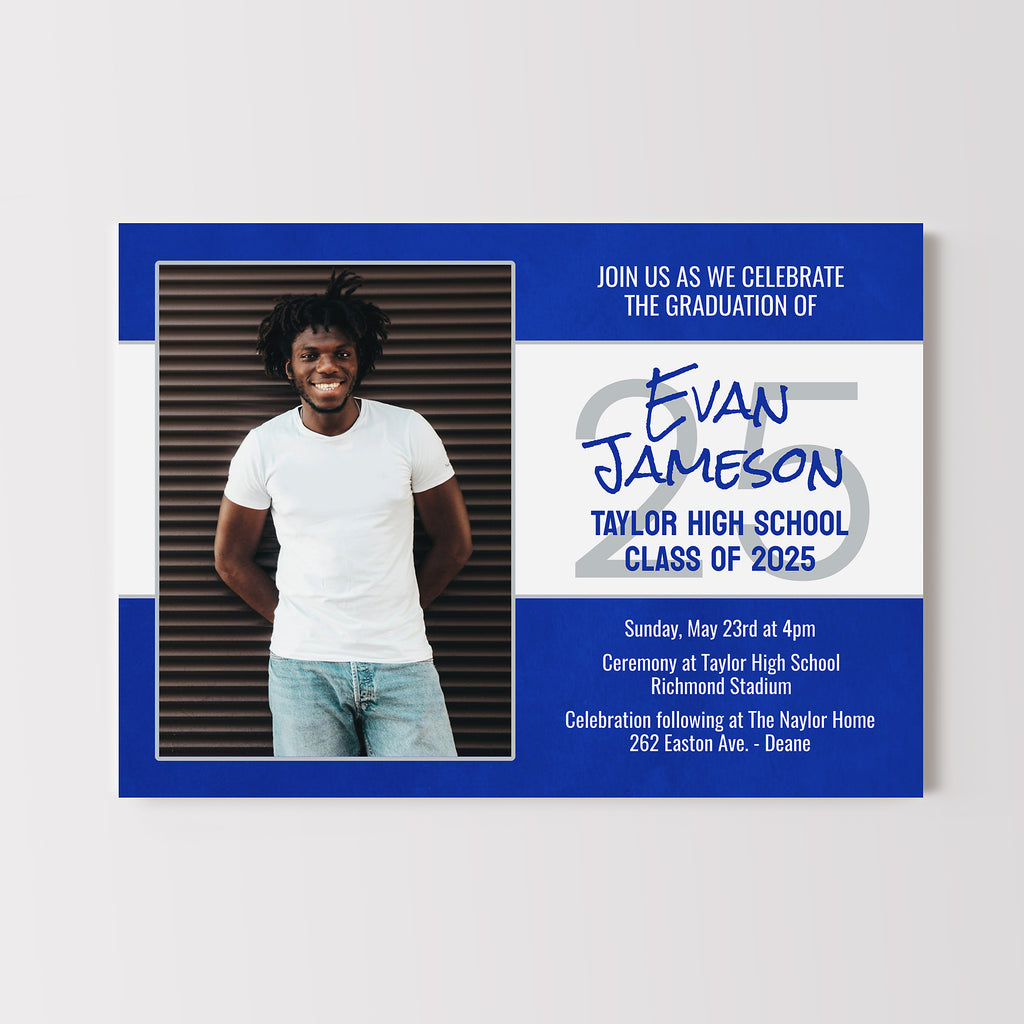 Graduation announcement template with a single photo, colored background and white stripe to display graduates name and school.