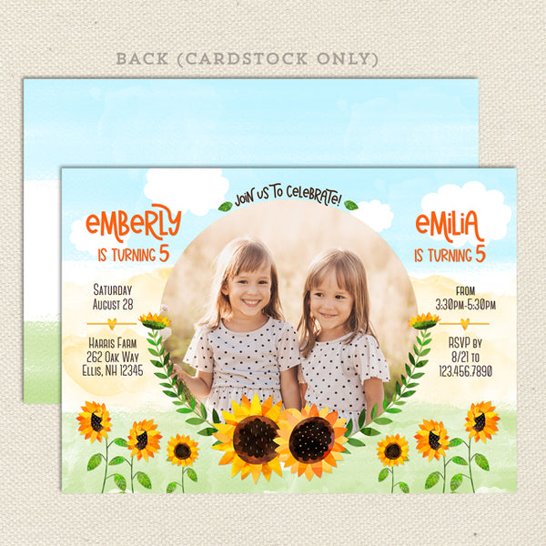 sunflower two child double birthday invitation front