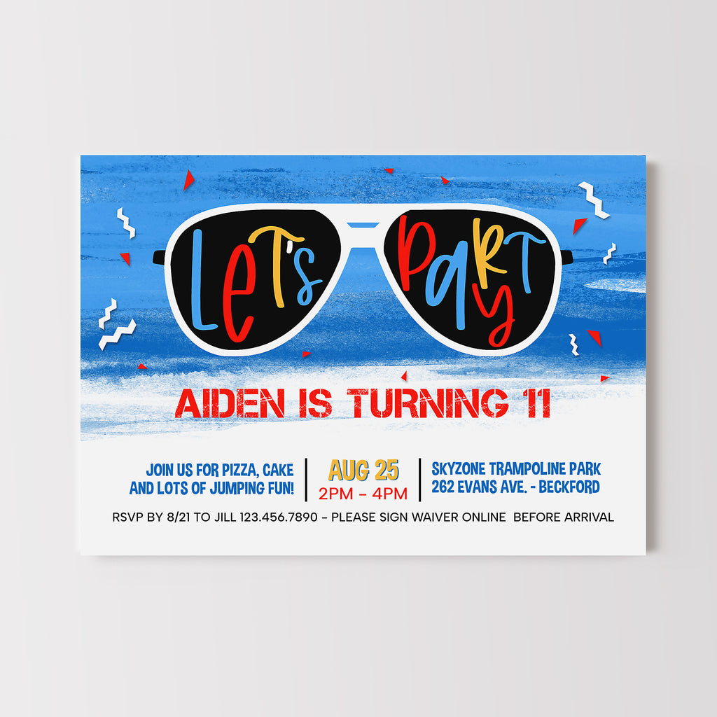 colorful tween boy birthday invitation with blue paint stripe, sunglasses with colorful text