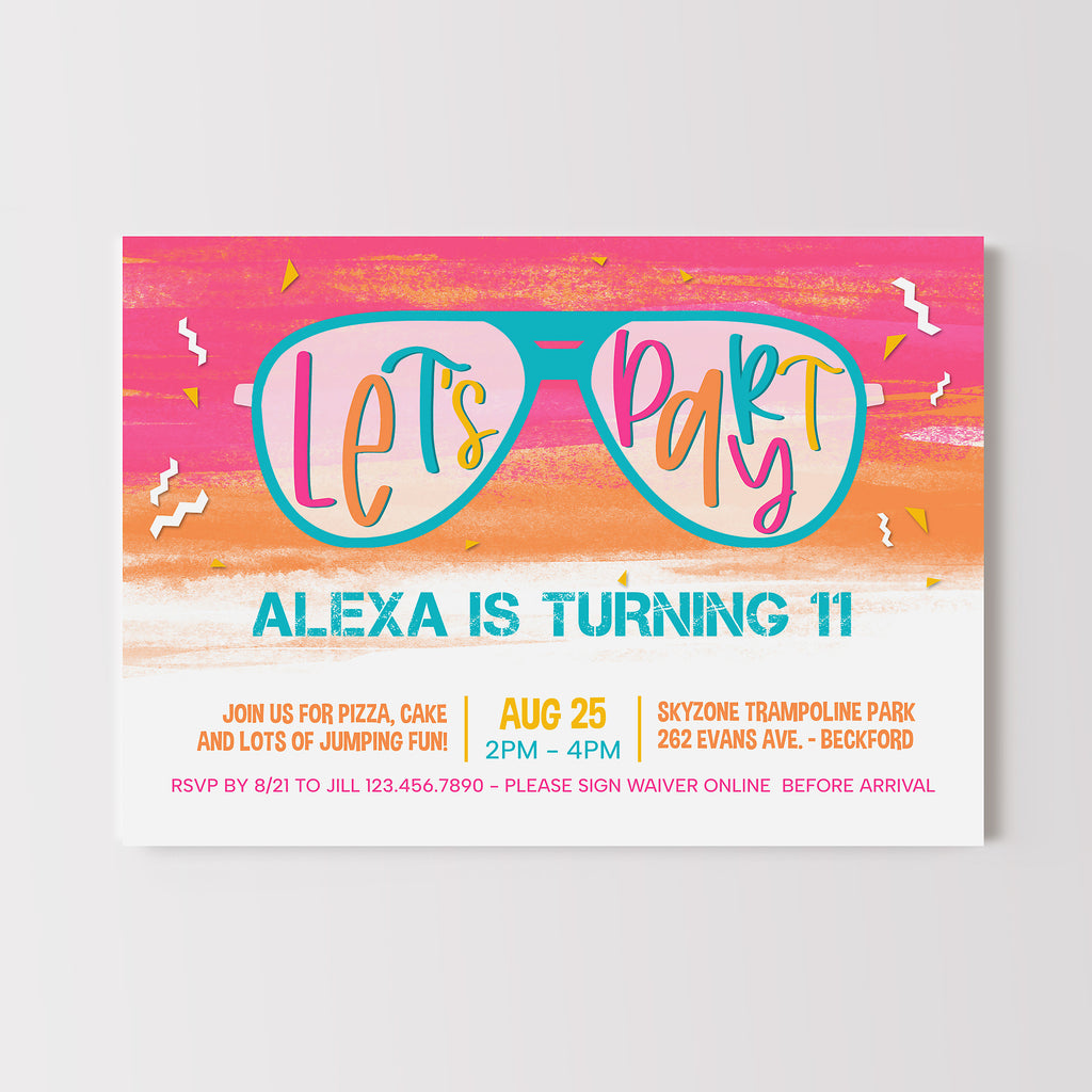 Colorful birthday party invitation with sunglasses design on a pink and orange background
