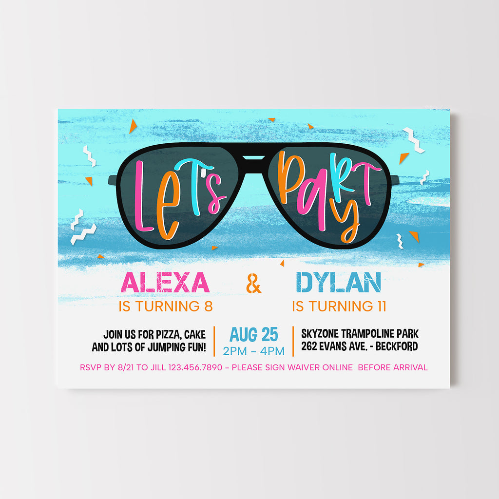 Party invitation with sunglasses and a colorful  paint stroke background. 