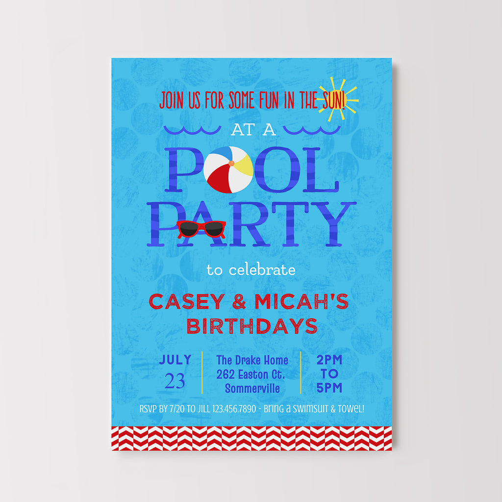 Pool party invitation with blue background, colorful text, and beach ball graphic.