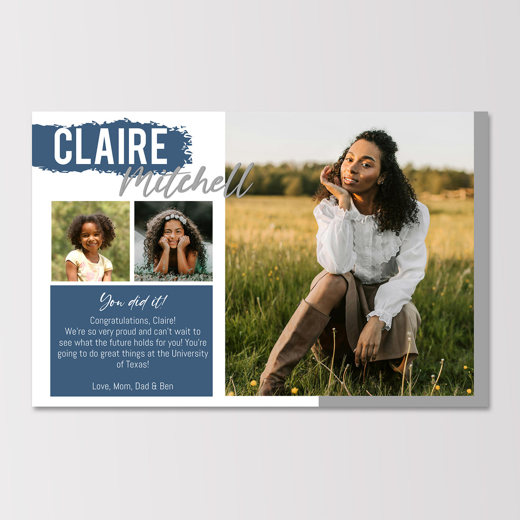 Half page senior yearbook grad ad with one large photo, two smaller photos and a blue accent color. 