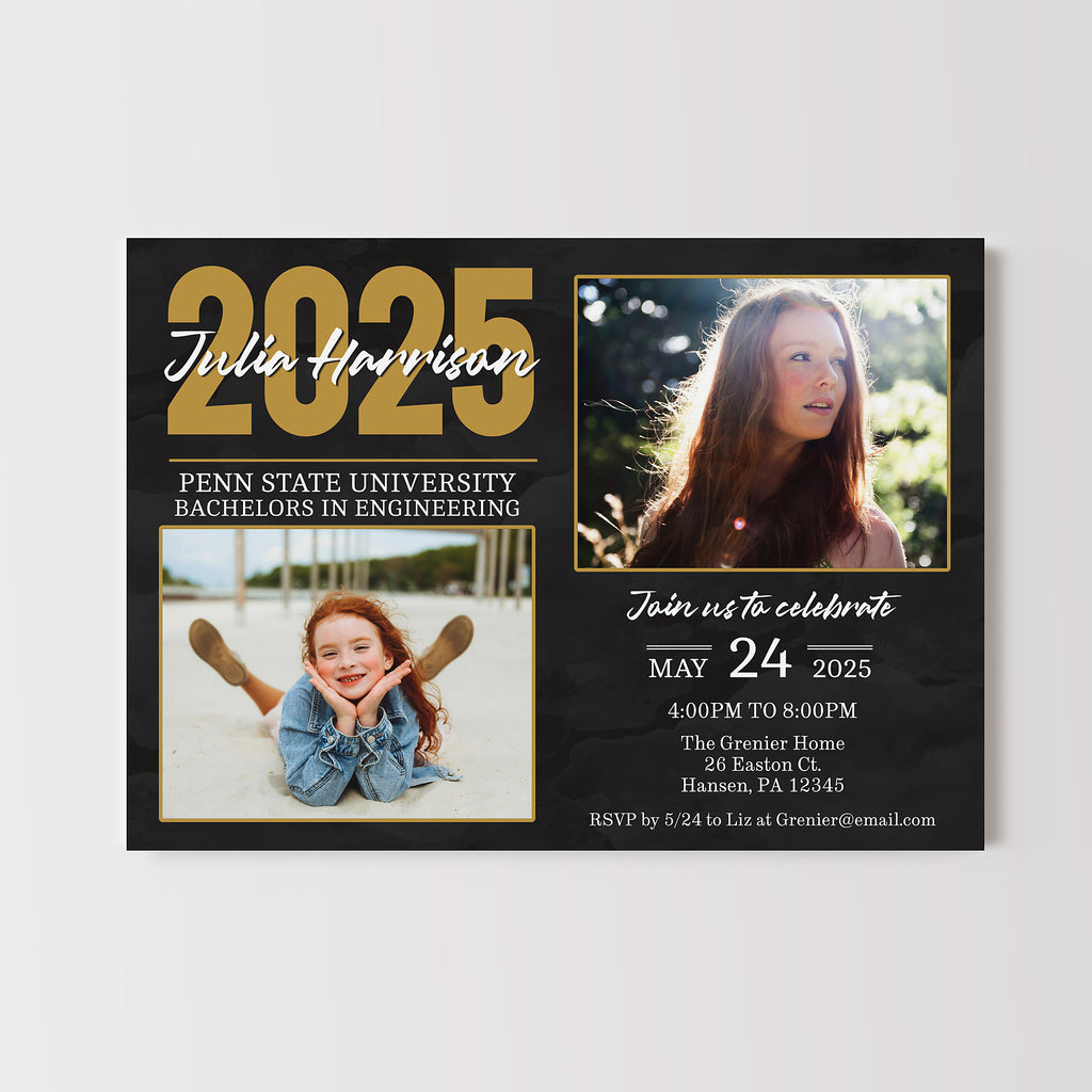 Graduation invitation card with photos of the graduate from now and childhood.