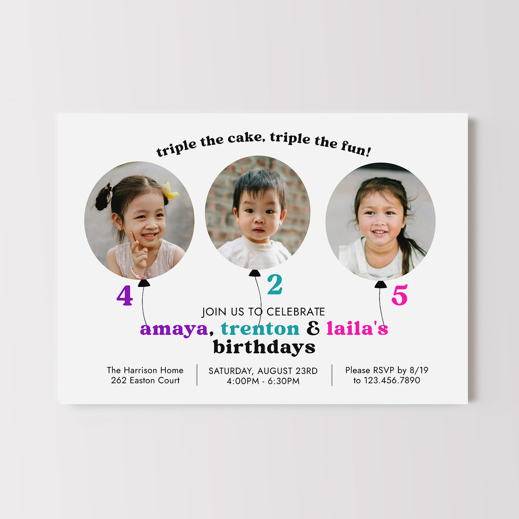 triple birthday invite with simple white background, three photos in the shape of balloons and colorful text