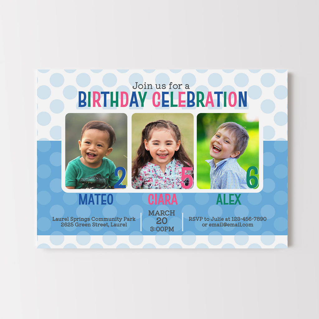 Three child joint birthday party invitation in gender neutral colors. 