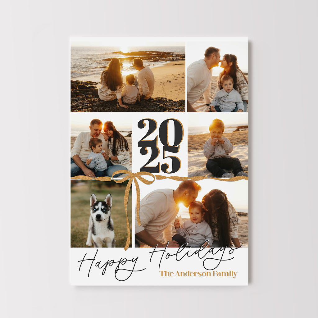 holiday photo card template with 6 photos, the year in center and a gold ribbon tied with a bow