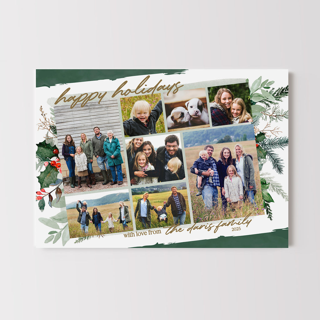 Holiday card template with 8 photos framed by green border and holly and pine boughs. 