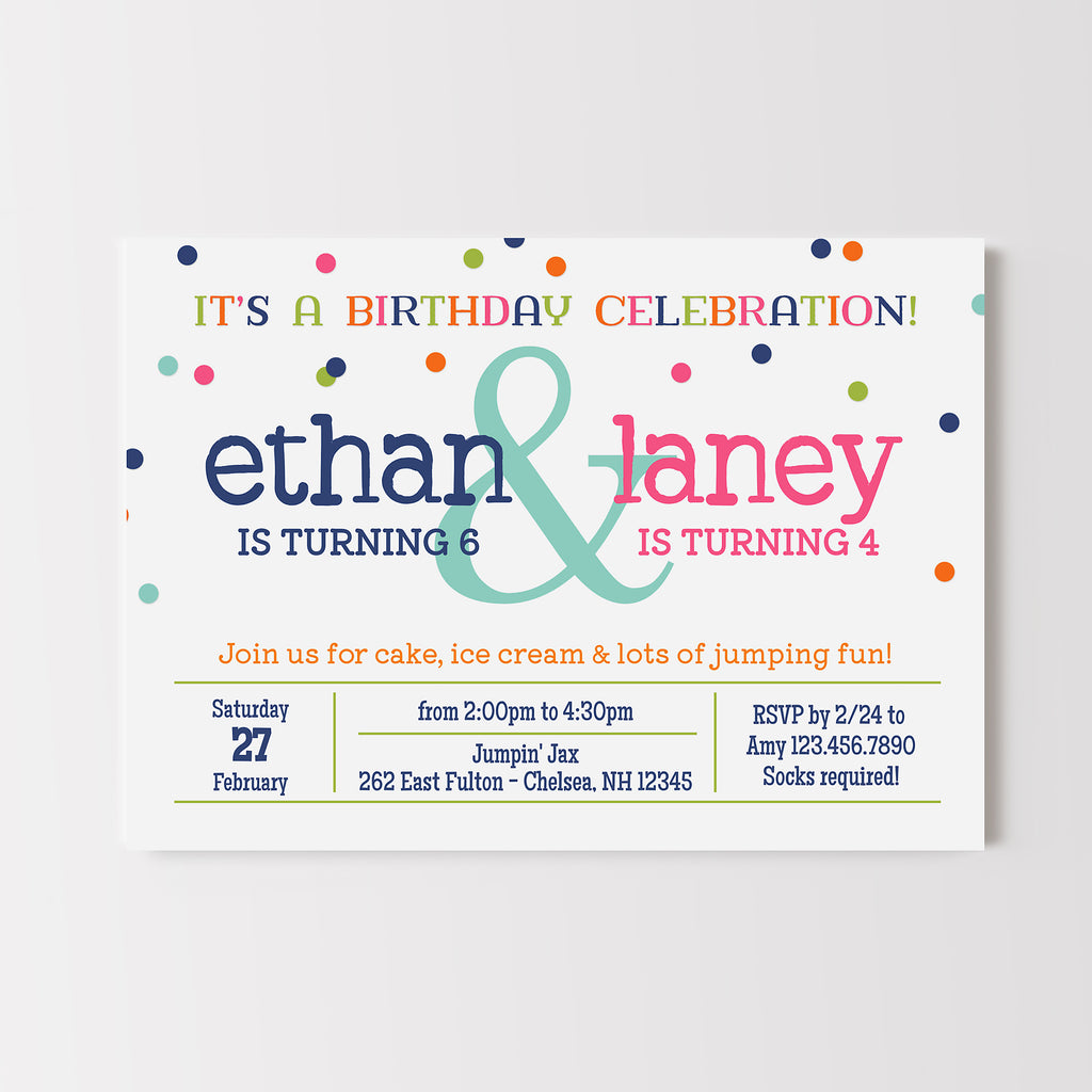 Colorful joint birthday invitation for trampoline park party.