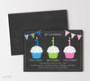 Triple Cupcake Three Child Birthday Party Invitations