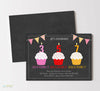Triple Cupcake Three Child Birthday Party Invitations