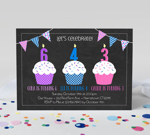 3 child birthday invitation with chalkboard background, and three cupcakes with bunting flags in blue, purple and pink colors