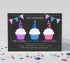 3 child birthday invitation with chalkboard background, and three cupcakes with bunting flags in blue, purple and pink colors