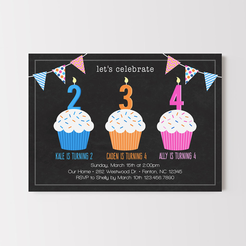 Birthday invitation card with cupcakes and candles for three children on a blackboard-style background.