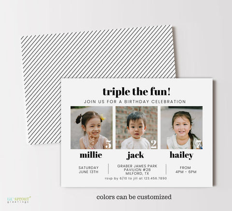 Triple the Fun 3 Child Birthday Invite