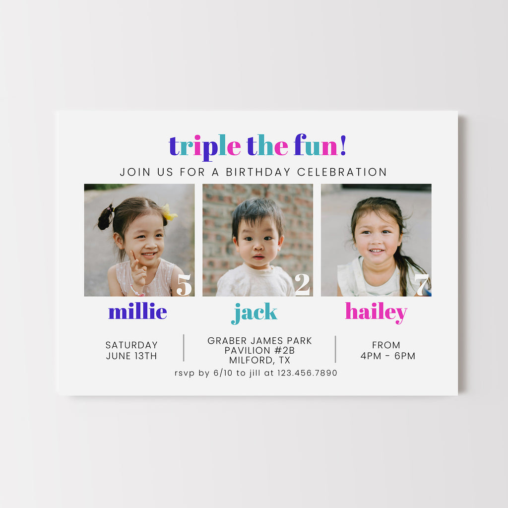 Simple triple birthday invitation for 3 children with a photo of each on a white background with colorful text. 