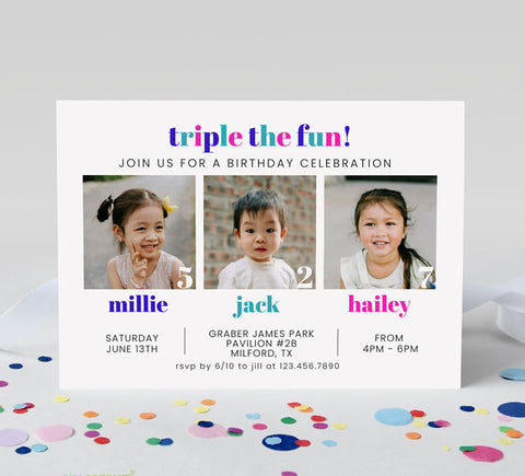 triple birthday invitation for 3 kids with white background, black party details and colorful text for kids names, three square photos, one for each child