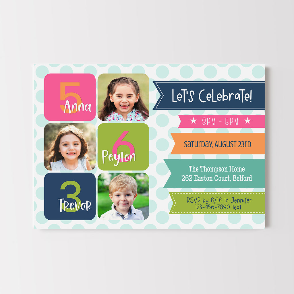 Triple birthday invitation for 3 children with photos of each child and colorful ribbons to display party details. 