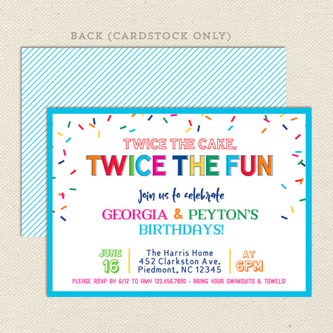 twice the fun double joint birthday invitation digital file rainbow colors