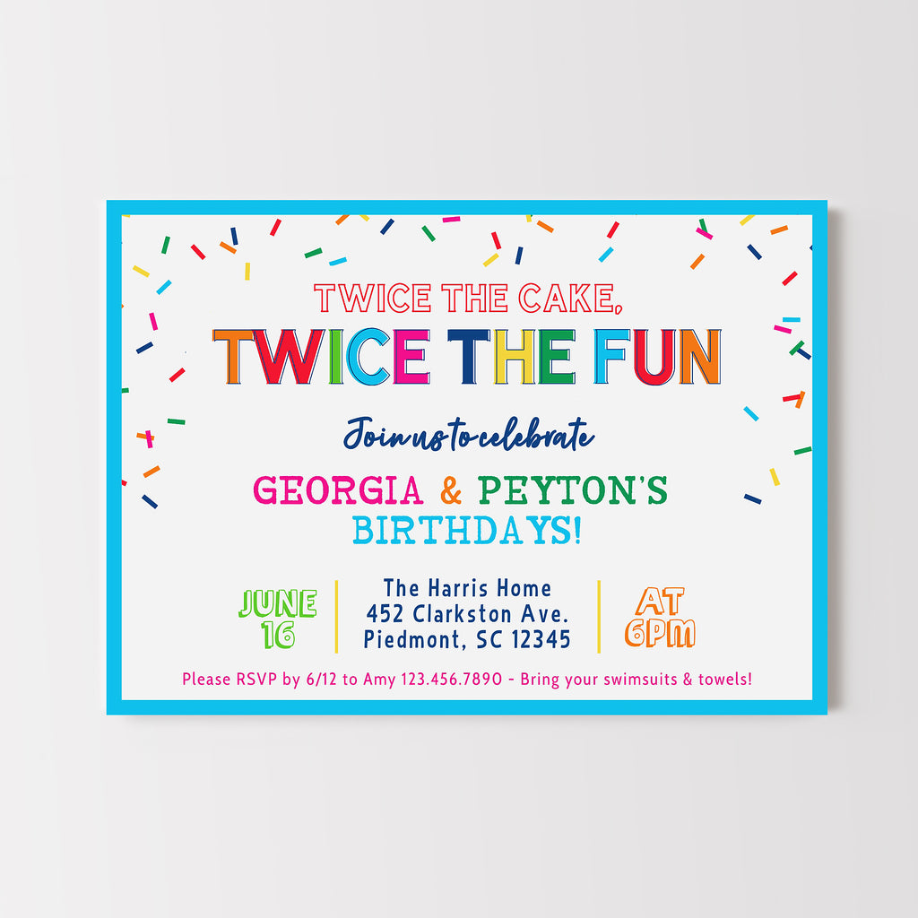 Birthday invitation card with colorful text and sprinkles on a white background