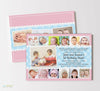 twin 1st year joint birthday party invitation with 12 small photos and one large photo, pink background and blue polka dot ribbon, double sided